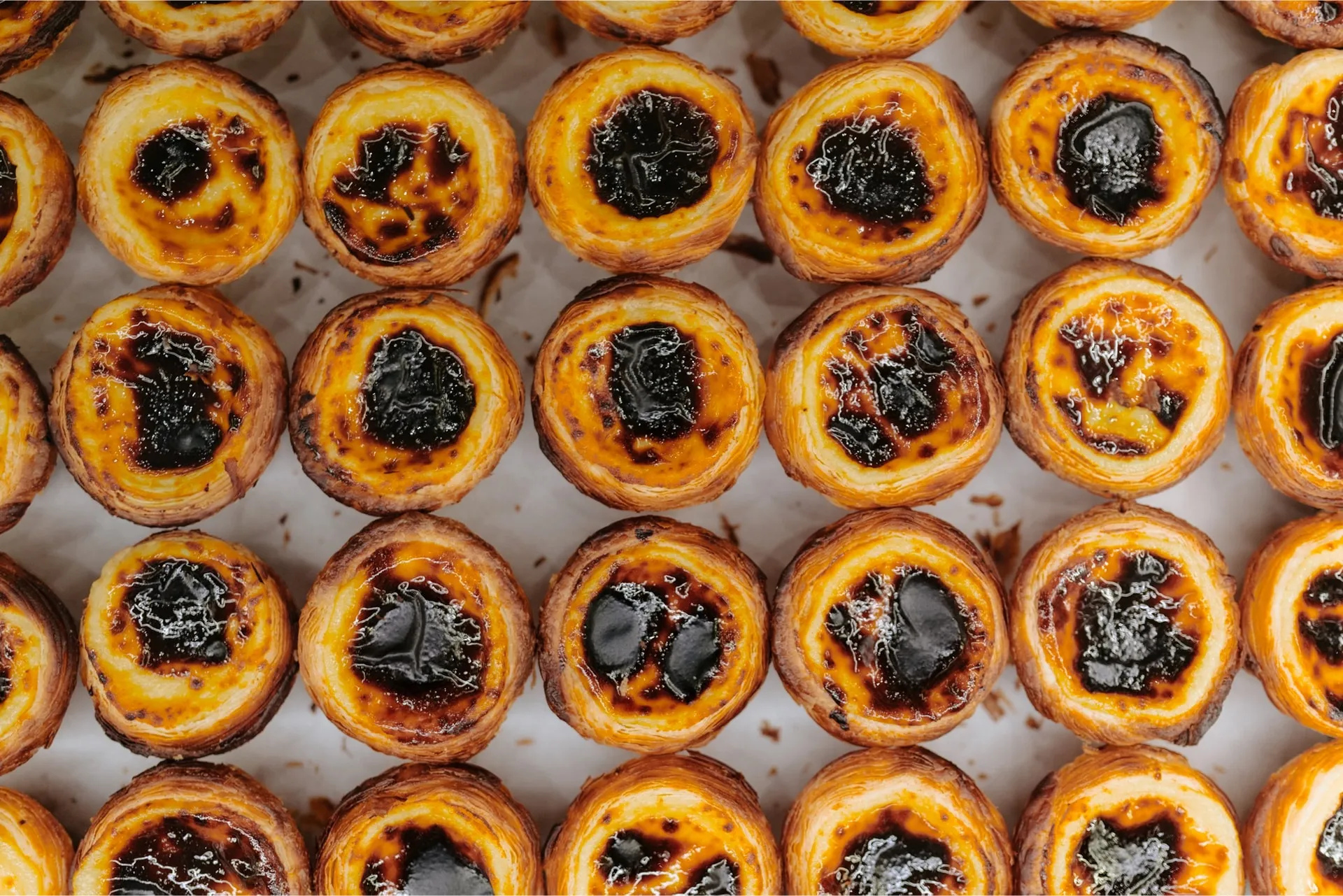 Rzędy Pastéis de Nata z przypieczonym kremem, widok z góry